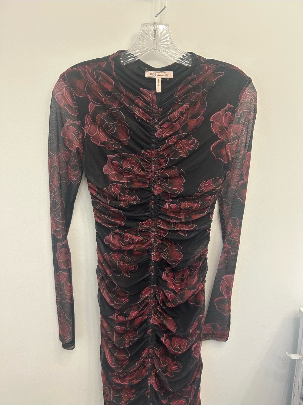 BCBGeneration Black Mini Dress with Red Floral Print - Long Sleeve Ruched